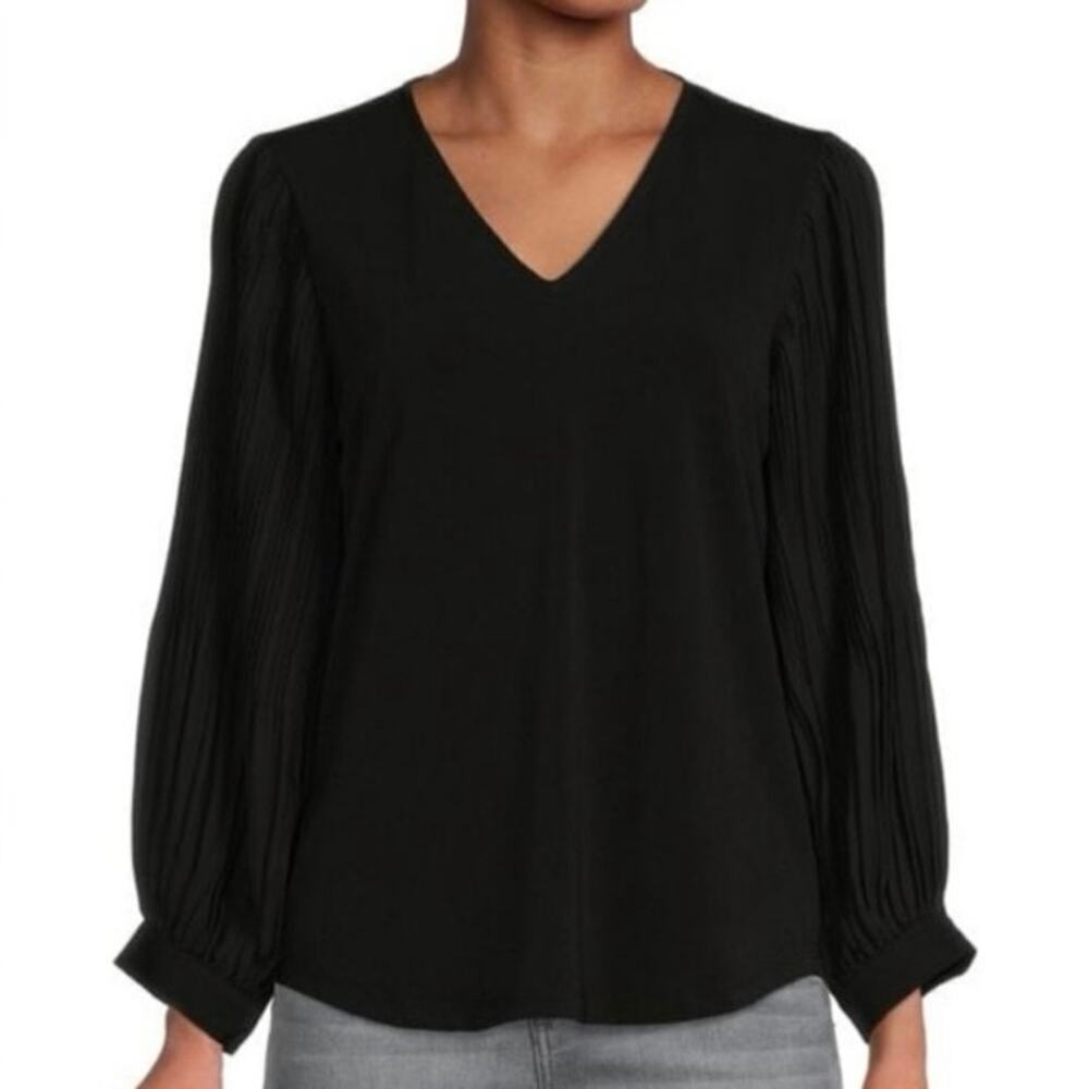 ADRIANNA PAPELL Black Long Pleated Sleeve Top Blouse Stretch Shirt - Sz Small
